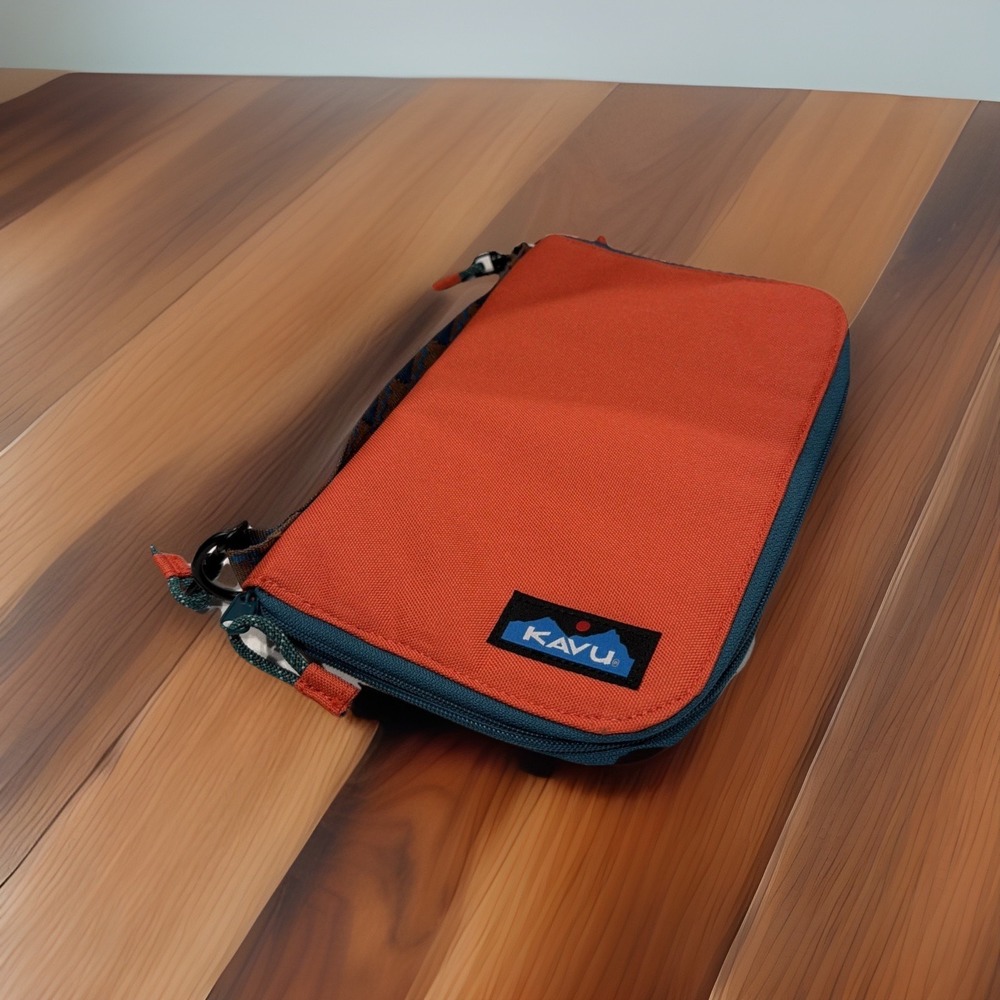 KAVU Jet City Crossbody Bag Zipper Pouch Travel Organizer Orange Teal Cord Strap